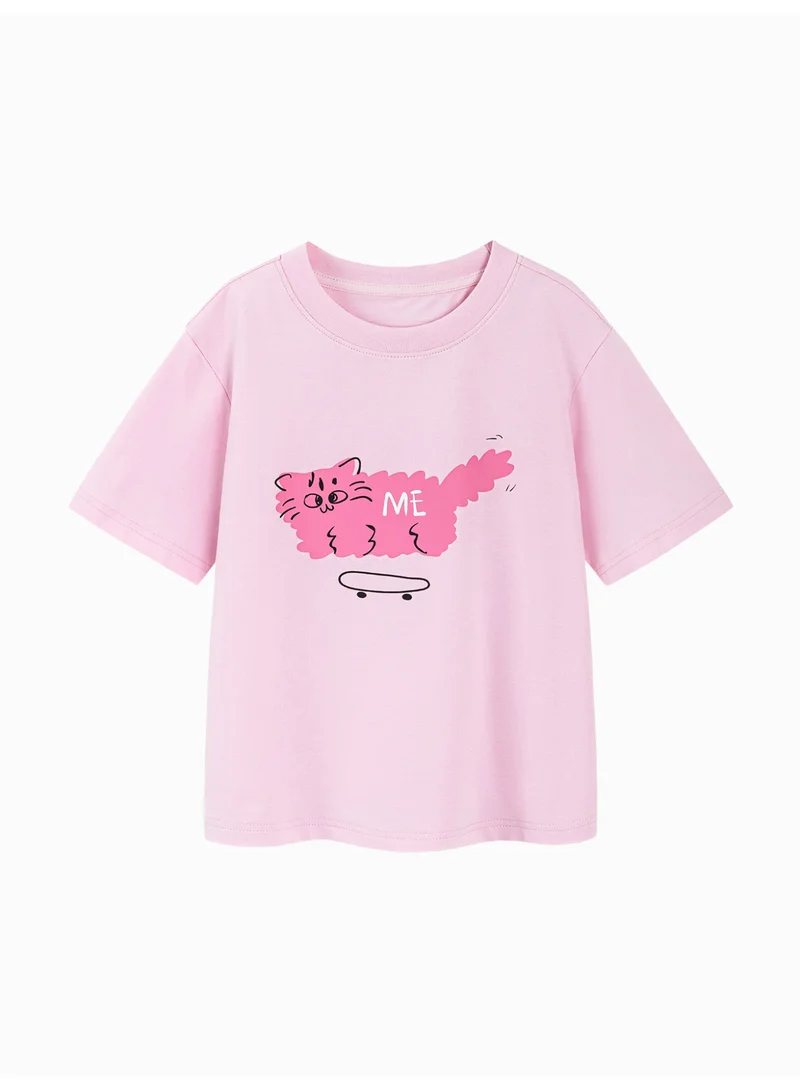 mini bala Unisex Kid Premium Soft Short - Sleeve T - Shirt, Breathable, Comfortable, Cartoon Cat Print Detail, Fun - filled, Versatile for Daily Wear, Playdates Children's Casual Essential Top