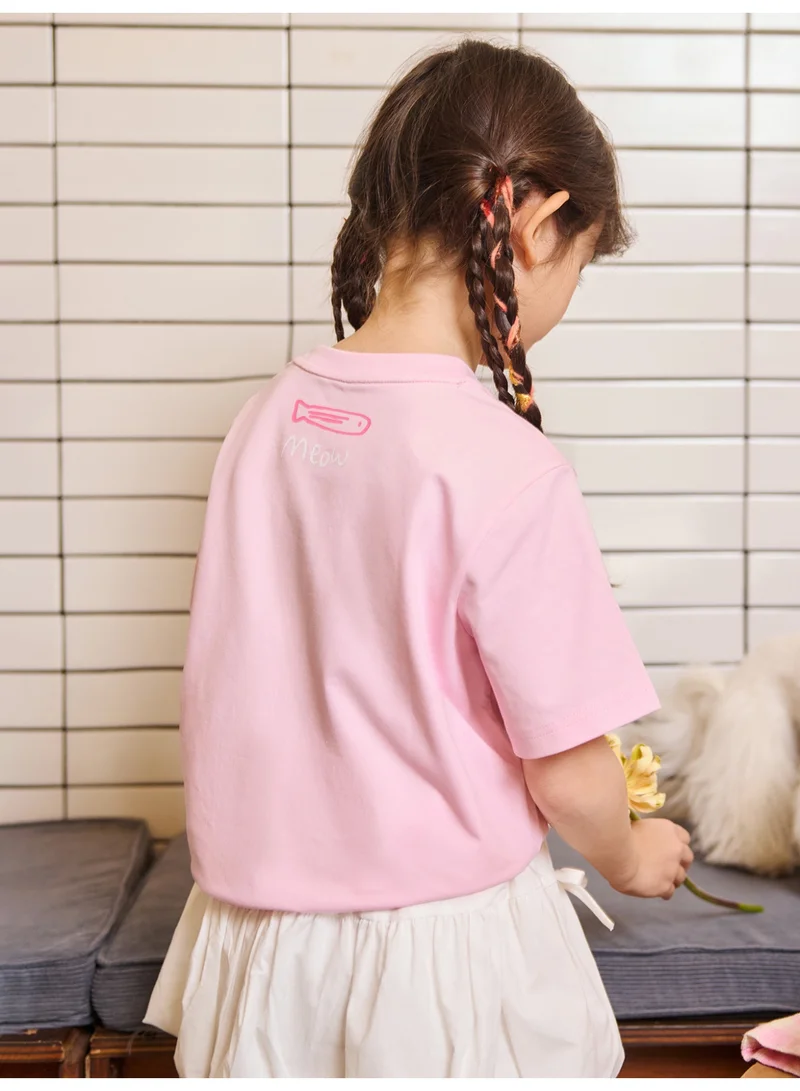 mini bala Unisex Kid Premium Soft Short - Sleeve T - Shirt, Breathable, Comfortable, Cartoon Cat Print Detail, Fun - filled, Versatile for Daily Wear, Playdates Children's Casual Essential Top
