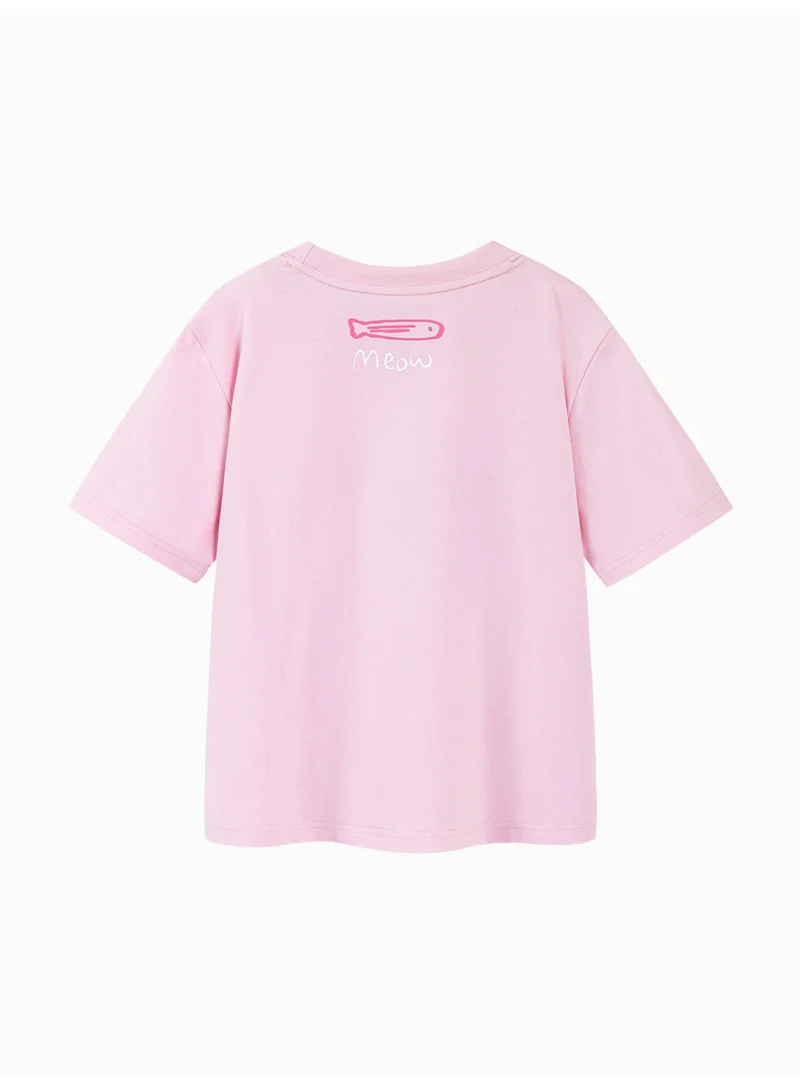 mini bala Unisex Kid Premium Soft Short - Sleeve T - Shirt, Breathable, Comfortable, Cartoon Cat Print Detail, Fun - filled, Versatile for Daily Wear, Playdates Children's Casual Essential Top