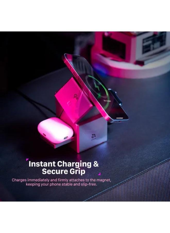 ELTRAZONE شاحن مغناطيسي لاسلكي 3 في 1 ماج كيوبي Qi2، محطة شحن سريعة 15 واط لهواتف آيفون 12/13/14/15/16، ساعة آبل وآيربودز | شاحن ذكي Qi2 - Image 5