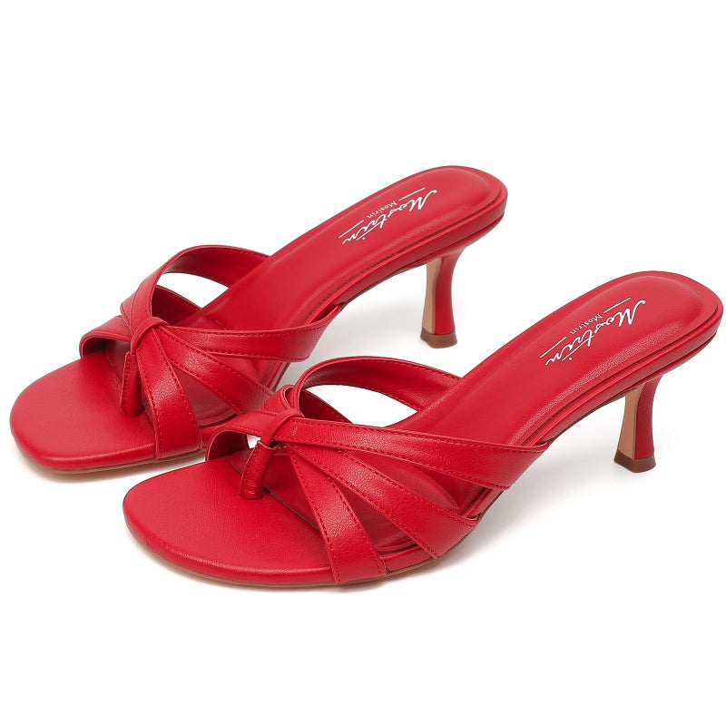 Mostrin Red Strappy Kitten Heels for Women Round Open Toe Flip Flops Slip On Mules Heels Fashion Thong Heeled Sandals for Holiday Wedding Daily Size 6