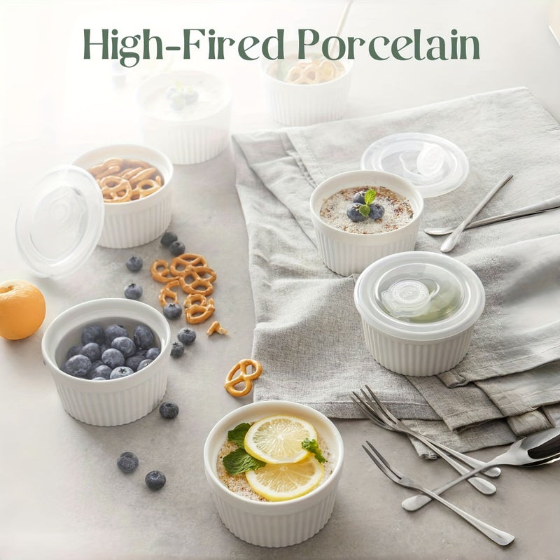 6 Pcs 8 Oz Oven Safe Porcelain White Ramekins With Lids Creme Brulee Bowls Souffle Dishes For Baking Stackable - Image 2