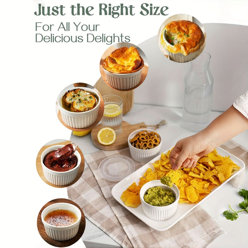 6 Pcs 8 Oz Oven Safe Porcelain White Ramekins With Lids Creme Brulee Bowls Souffle Dishes For Baking Stackable - Image 5