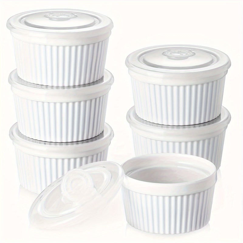 6 Pcs 8 Oz Oven Safe Porcelain White Ramekins With Lids Creme Brulee Bowls Souffle Dishes For Baking Stackable - Image 1