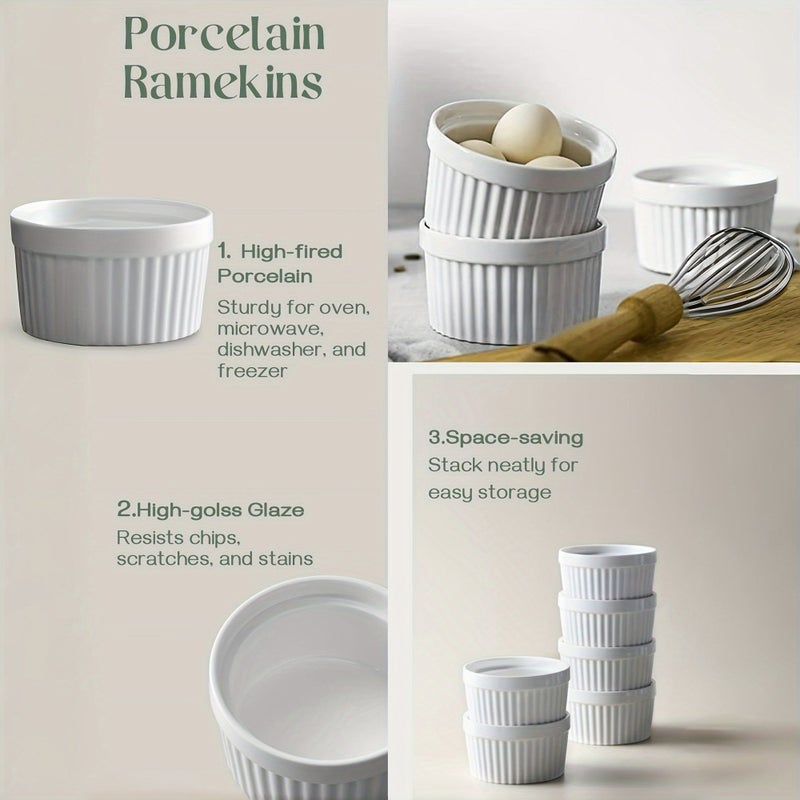 6 Pcs 8 Oz Oven Safe Porcelain White Ramekins With Lids Creme Brulee Bowls Souffle Dishes For Baking Stackable - Image 4