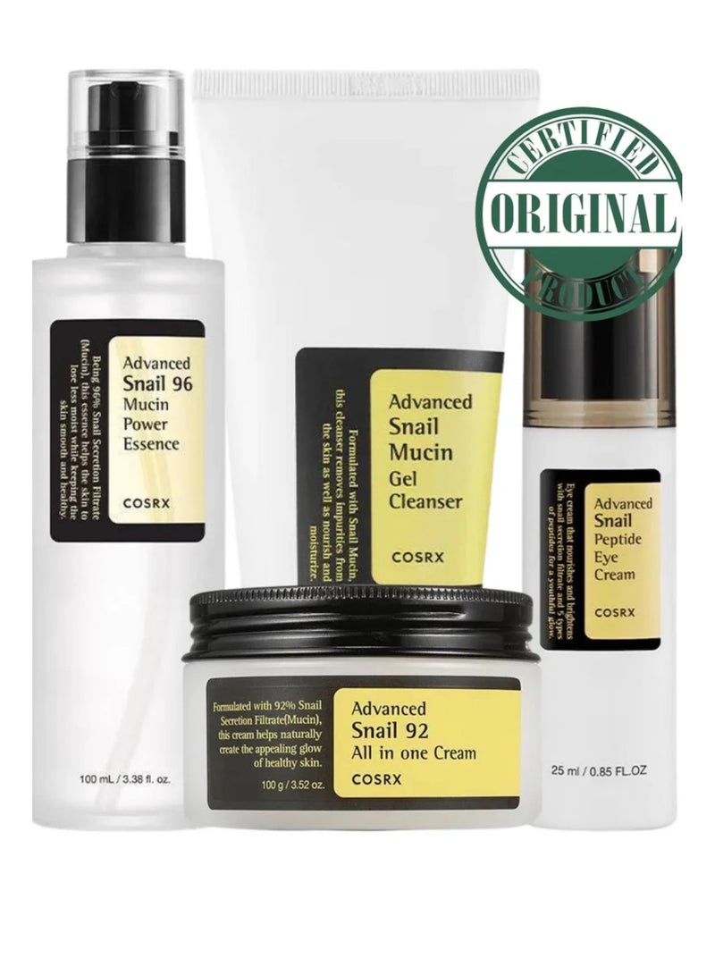 Cosrea The Ultimate Snail Skincare Set 5 Advanced Snail 96 Mucin Power Essence, 92 All-in-One Cream, Peptide Eye Cream, Gel Cleanser, and Hydrogel Eye Patch