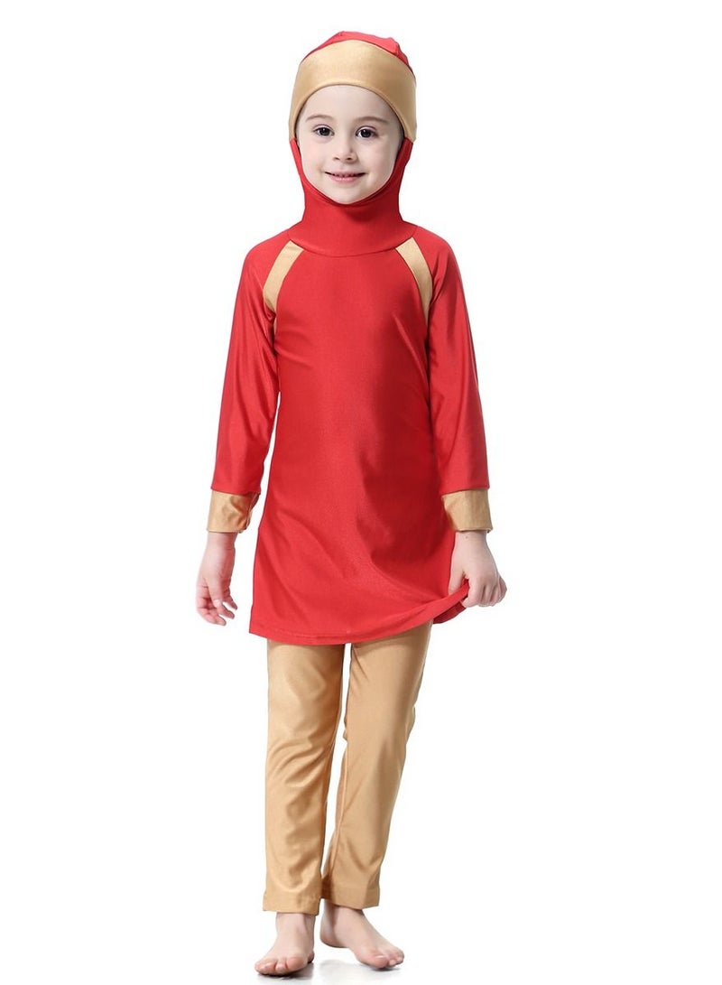 Loquat Girl's 2-Piece Hooded Swimwear Set Conservative Long Sleeve Burkini Swimsuit Set Red/Brown  - Image 1