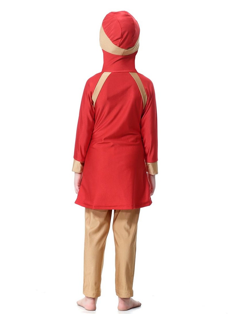 Loquat Girl's 2-Piece Hooded Swimwear Set Conservative Long Sleeve Burkini Swimsuit Set Red/Brown  - Image 2