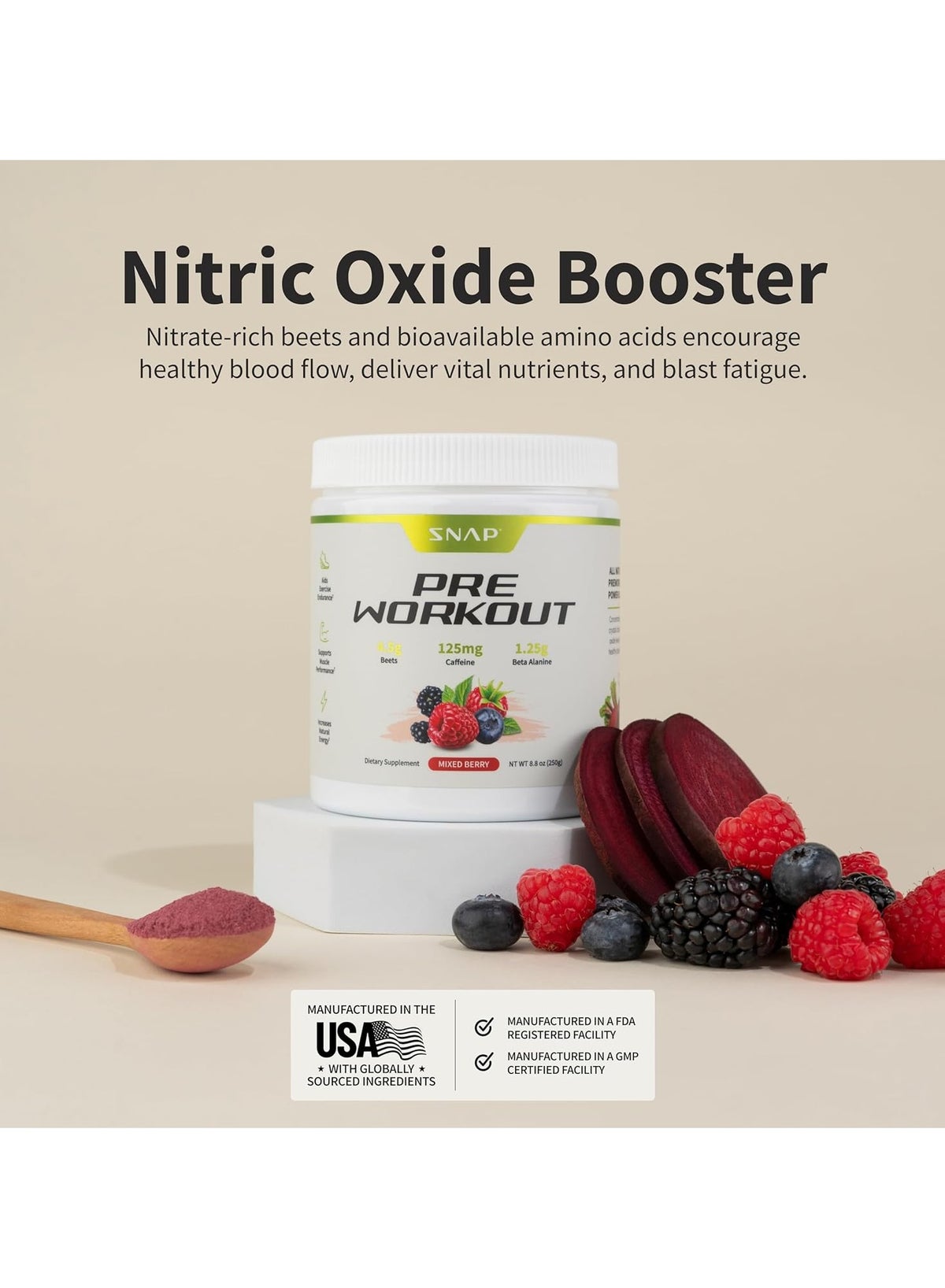 Organic Nitric Oxide Preworkout Booster, Natural Energy & Blood Flow - Beets Superfood Support Muscle Performance, Heart Health & Endurance, 250G (30 Servings)