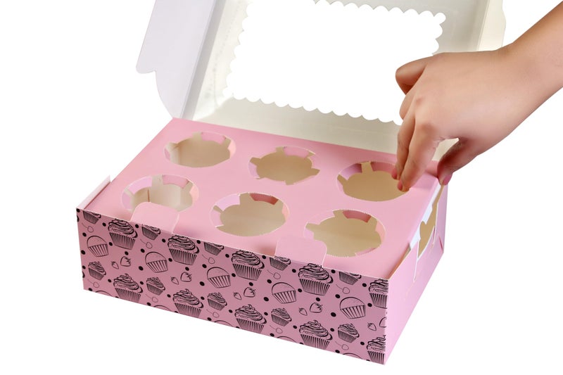 mudrit Cupcake Boxes with Insert Trays (Pack of 10), Cupcake Carrier, Food Grade Bakery Boxes with Windows to fit 6 Cupcakes, Muffins or Pastries (Pink) - Image 3