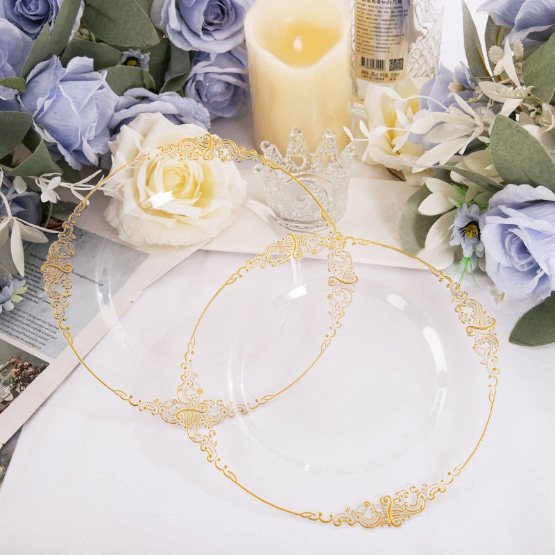 Morejoy 100pcs Gold Plastic Plates - Clear Gold Disposable Plates - 7.5 inch Clear and Gold Dessert Plates  Clear Plastic Plates with Gold Rim for Weddings & Parties & Shower - Image 3