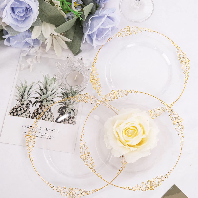 Morejoy 100pcs Gold Plastic Plates - Clear Gold Disposable Plates - 7.5 inch Clear and Gold Dessert Plates  Clear Plastic Plates with Gold Rim for Weddings & Parties & Shower - Image 4