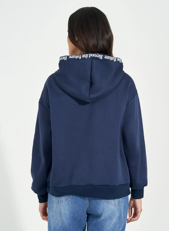 Styli Navy Blue Regular Fit Slogan Print Hoodie for Women | Best Price UAE