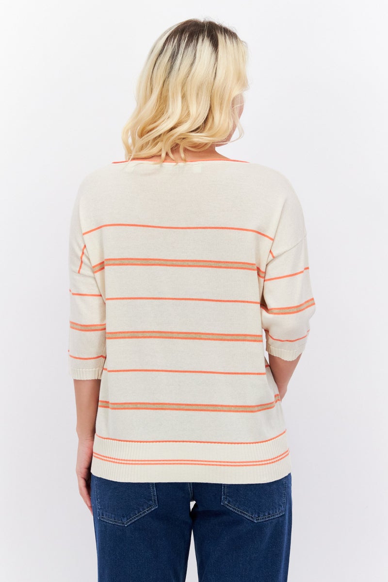 ESPRIT Women Round Neck Short Sleeve Striped Sweater, Beige Combo - Image 2