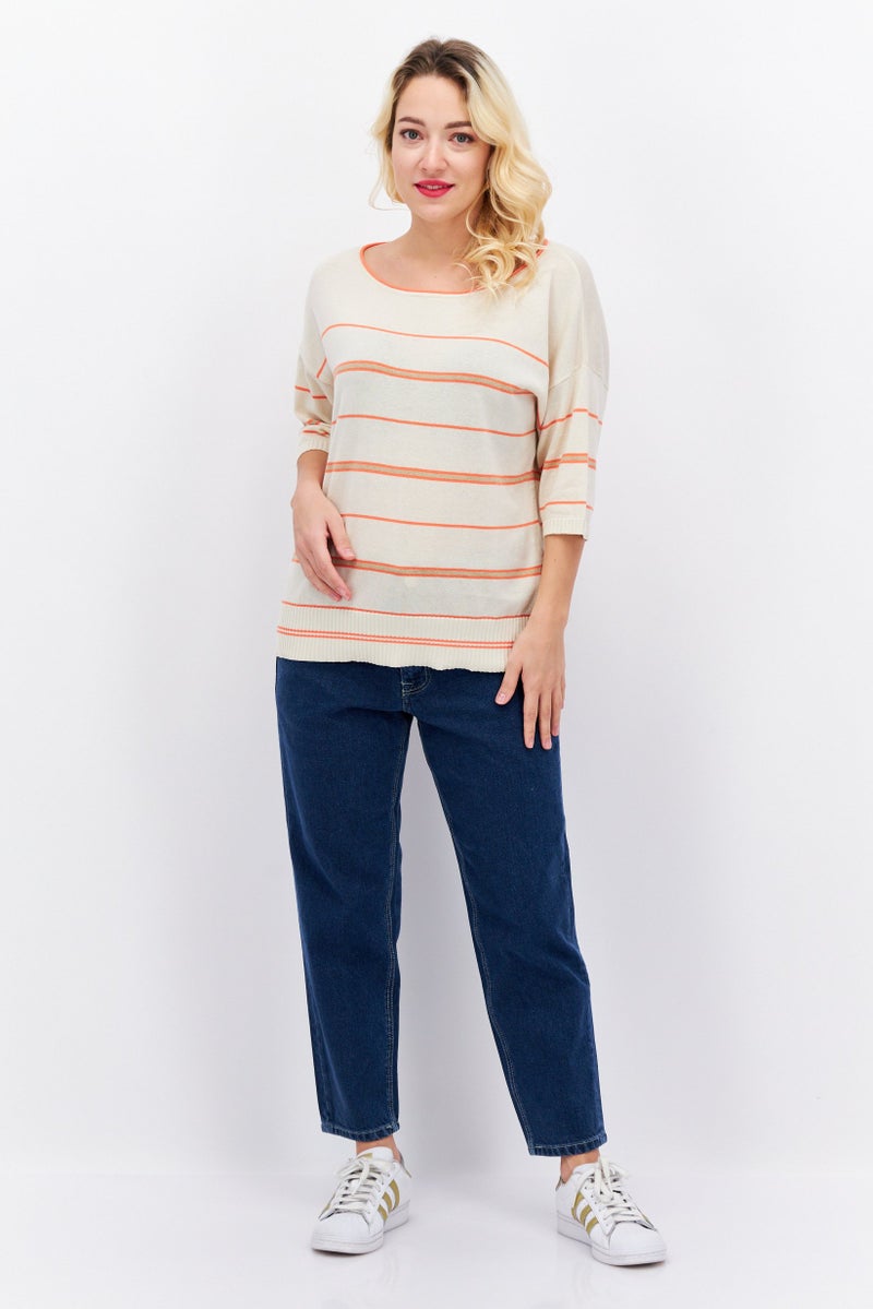 ESPRIT Women Round Neck Short Sleeve Striped Sweater, Beige Combo - Image 4