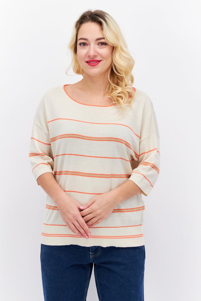 ESPRIT Women Round Neck Short Sleeve Striped Sweater, Beige Combo - Image 1