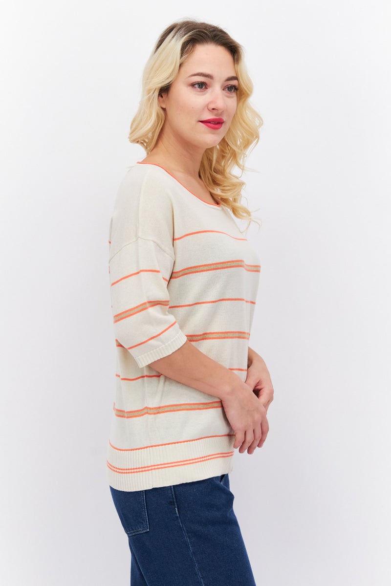 ESPRIT Women Round Neck Short Sleeve Striped Sweater, Beige Combo - Image 3