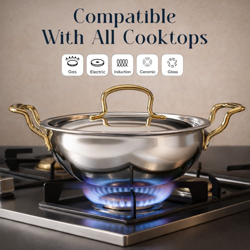 SOLARA MontClaire Premium Triply Stainless Steel Kadai/Kadhai for Cooking with Golden Handles and Steel Lid, 22cm(8.6 Inch), 2.3L Capacity, Induction Friendly Triply Kadai, 100% Toxin & Chemical-Free - Image 3