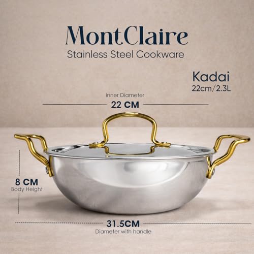 SOLARA MontClaire Premium Triply Stainless Steel Kadai/Kadhai for Cooking with Golden Handles and Steel Lid, 22cm(8.6 Inch), 2.3L Capacity, Induction Friendly Triply Kadai, 100% Toxin & Chemical-Free - Image 2
