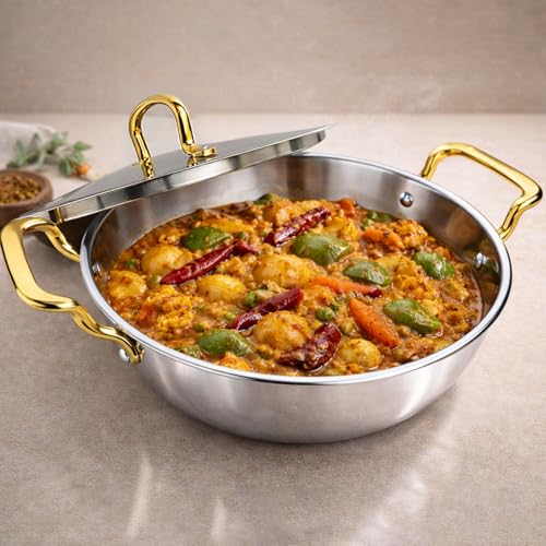 SOLARA MontClaire Premium Triply Stainless Steel Kadai/Kadhai for Cooking with Golden Handles and Steel Lid, 22cm(8.6 Inch), 2.3L Capacity, Induction Friendly Triply Kadai, 100% Toxin & Chemical-Free - Image 1