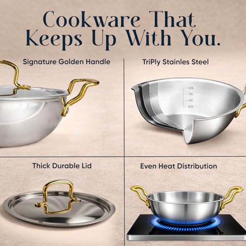 SOLARA MontClaire Premium Triply Stainless Steel Kadai/Kadhai for Cooking with Golden Handles and Steel Lid, 22cm(8.6 Inch), 2.3L Capacity, Induction Friendly Triply Kadai, 100% Toxin & Chemical-Free - Image 5