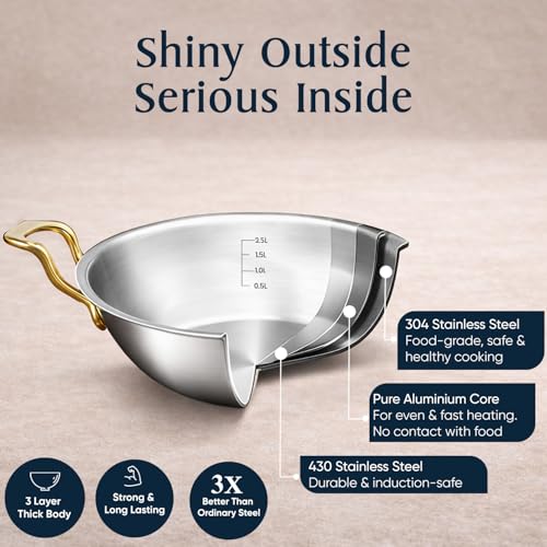 SOLARA MontClaire Premium Triply Stainless Steel Kadai/Kadhai for Cooking with Golden Handles and Steel Lid, 22cm(8.6 Inch), 2.3L Capacity, Induction Friendly Triply Kadai, 100% Toxin & Chemical-Free - Image 4