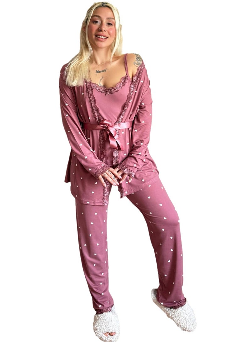 Women's 4 Piece Heart Print Satin Pajama Set with Lace Trim Camisole Long Sleeve Robe Full Length Pants Soft Silk Feel Sleepwear Comfortable Loungewear Nightwear Homewear Relax Fit Elegant Pajama Set Fits Up to 75 KG - Image 1