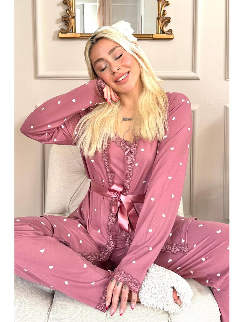 Women's 4 Piece Heart Print Satin Pajama Set with Lace Trim Camisole Long Sleeve Robe Full Length Pants Soft Silk Feel Sleepwear Comfortable Loungewear Nightwear Homewear Relax Fit Elegant Pajama Set Fits Up to 75 KG - Image 5