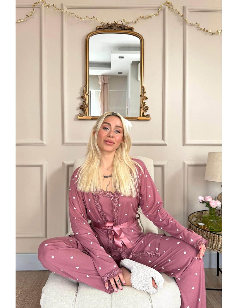 Women's 4 Piece Heart Print Satin Pajama Set with Lace Trim Camisole Long Sleeve Robe Full Length Pants Soft Silk Feel Sleepwear Comfortable Loungewear Nightwear Homewear Relax Fit Elegant Pajama Set Fits Up to 75 KG - Image 3