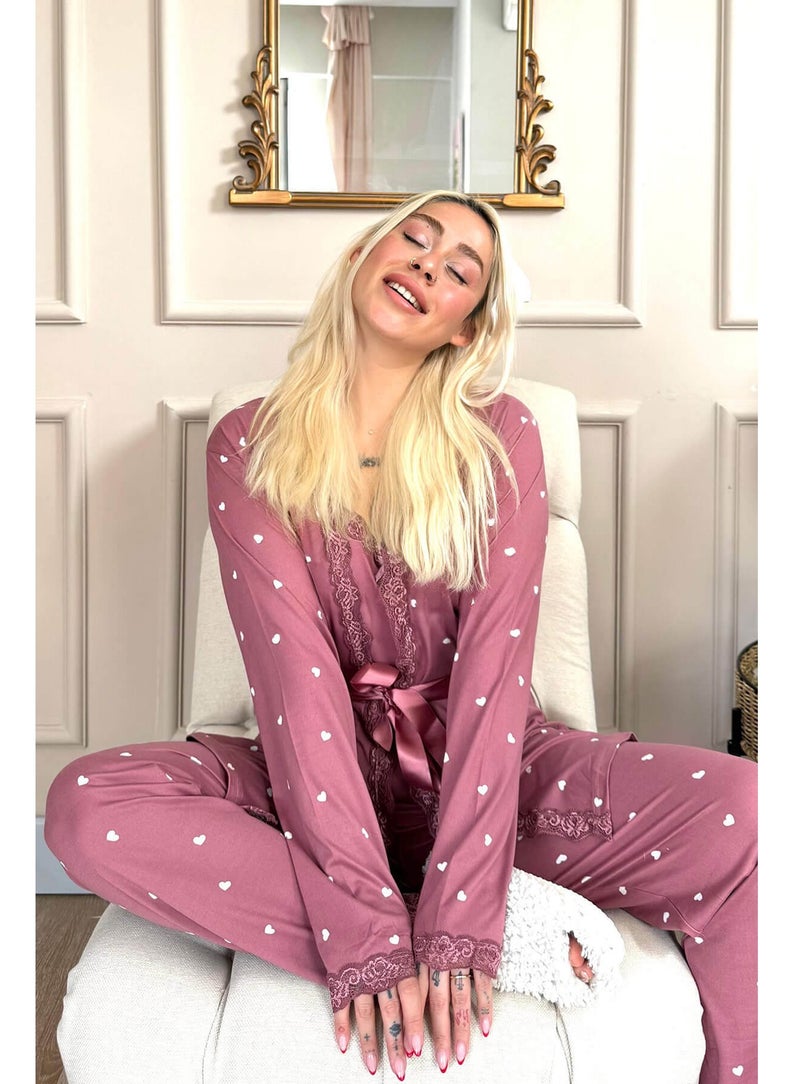 Women's 4 Piece Heart Print Satin Pajama Set with Lace Trim Camisole Long Sleeve Robe Full Length Pants Soft Silk Feel Sleepwear Comfortable Loungewear Nightwear Homewear Relax Fit Elegant Pajama Set Fits Up to 75 KG - Image 4