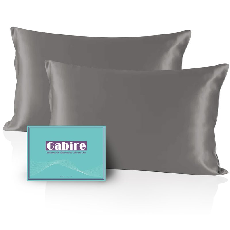 Gabire Mulberry Silk Pillow Cases Set of 2, Both Sides Real Silk Pillowcase for Hair and Skin Prevent Acne Pillowcase Organic Silk Pillow case 2 Pack with Hidden Zipper, Grey, Standard (20"Ã—26") - Image 1