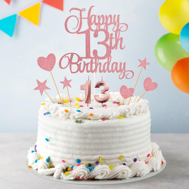Lecferrarc 13th Birthday Cake Decorations, 13th Birthday Candles Cake Numeral Candles and Glitter Happy 13th Birthday Cake Toppers Set for Birthday Party Supplies (Rose Gold) - Image 5