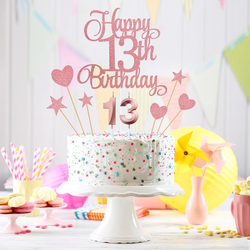 Lecferrarc 13th Birthday Cake Decorations, 13th Birthday Candles Cake Numeral Candles and Glitter Happy 13th Birthday Cake Toppers Set for Birthday Party Supplies (Rose Gold) - Image 3