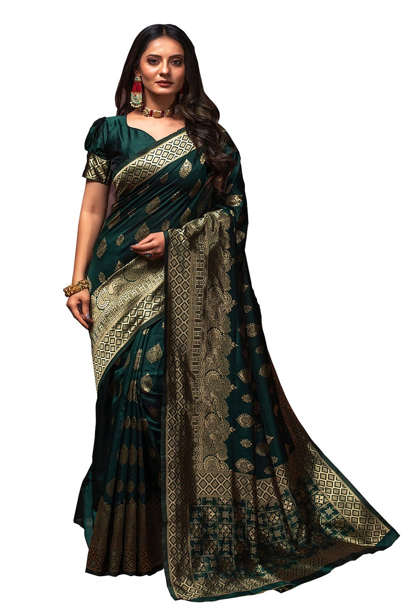 Lilots Women's Designer Banarasi Silk Jacquard Fancy Saree With Blouse Piece (Green) - Image 1