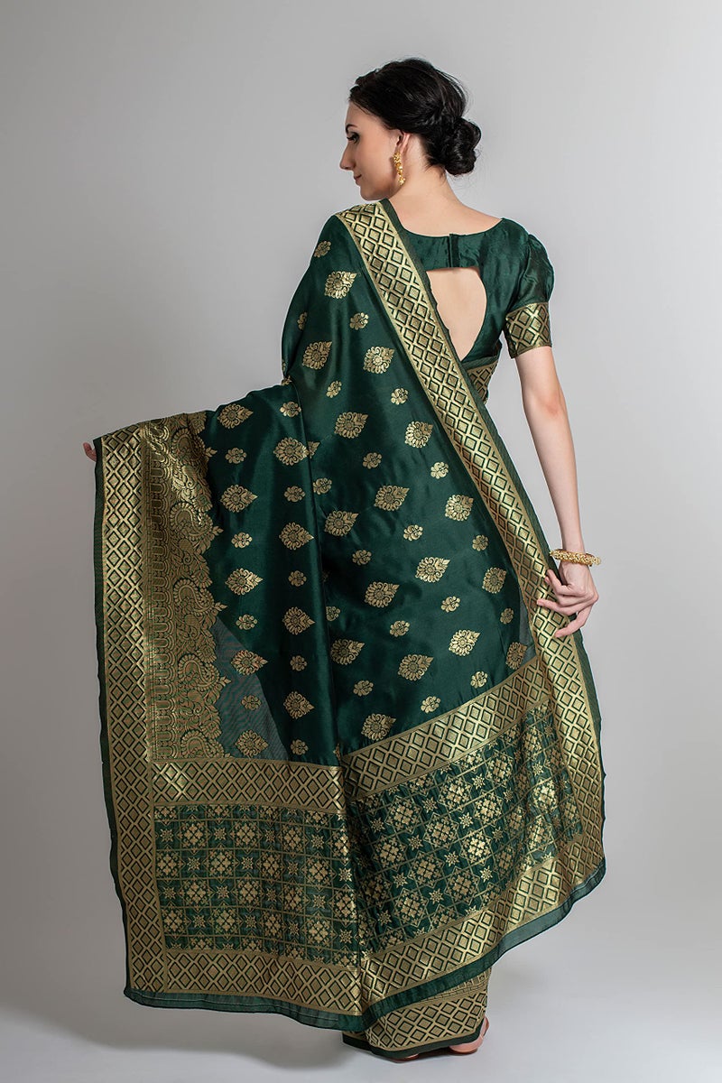 Lilots Women's Designer Banarasi Silk Jacquard Fancy Saree With Blouse Piece (Green) - Image 3