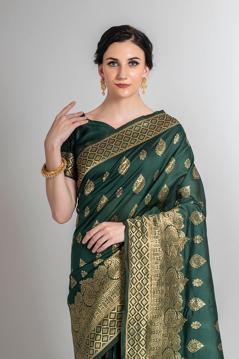 Lilots Women's Designer Banarasi Silk Jacquard Fancy Saree With Blouse Piece (Green) - Image 4