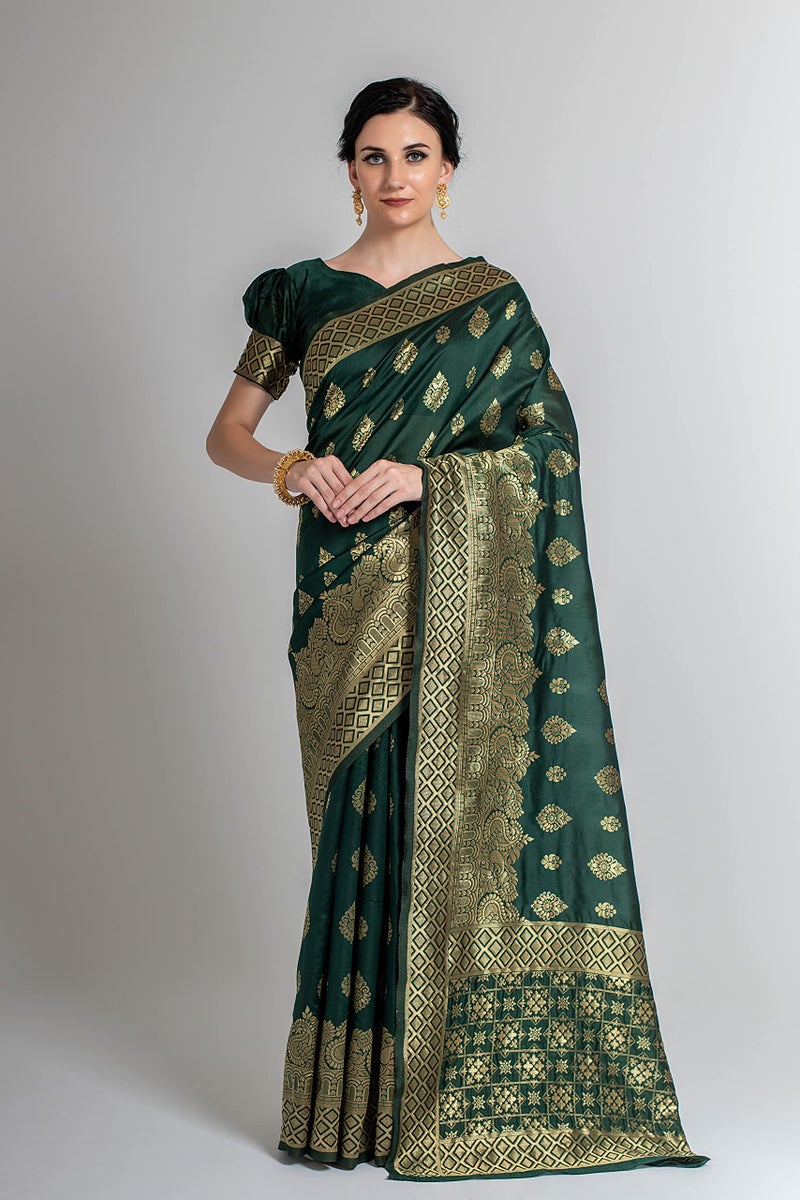 Lilots Women's Designer Banarasi Silk Jacquard Fancy Saree With Blouse Piece (Green) - Image 2