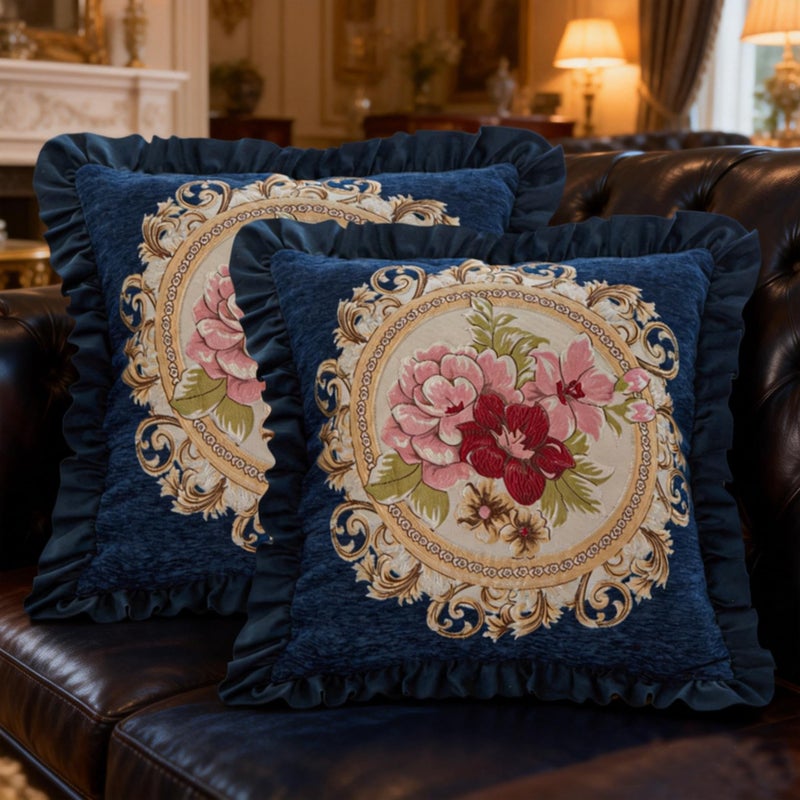 Qupace Set of 2 Chenille Vintage Throw Pillows Covers 18x18in Sofa Couch Pillows for Living Room Floral Embroidered Cushion Cover for Bed Chairs Car (Blue) - Image 1