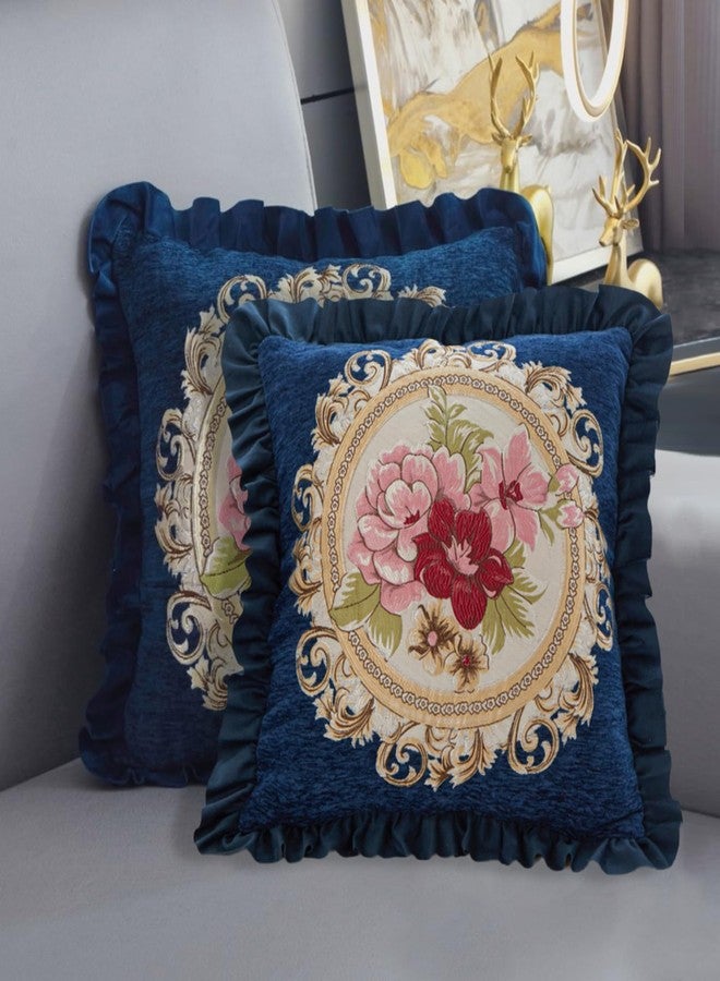 Qupace Set of 2 Chenille Vintage Throw Pillows Covers 18x18in Sofa Couch Pillows for Living Room Floral Embroidered Cushion Cover for Bed Chairs Car (Blue) - Image 3