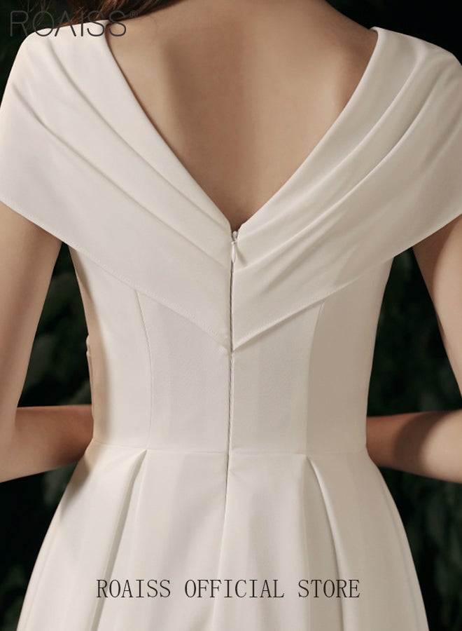 roaiss French Evening Gown Dress for Women Advanced Solid Color Polyester V Neck Slim Fit Banquet Dress Ladies Elegant Temperament Comfortable Skin-Friendly Breathable Floor-Length Skirt  - Image 2