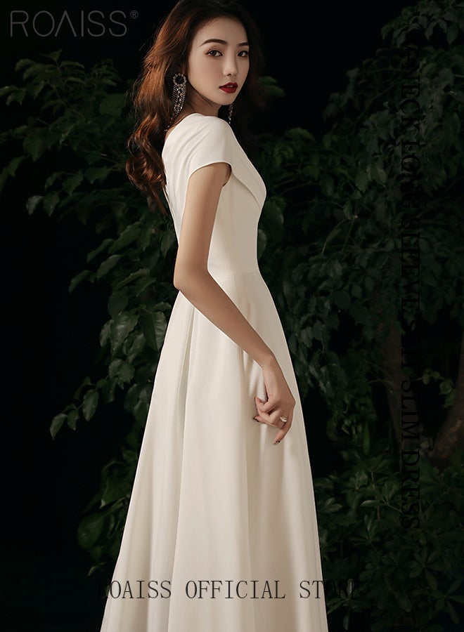 roaiss French Evening Gown Dress for Women Advanced Solid Color Polyester V Neck Slim Fit Banquet Dress Ladies Elegant Temperament Comfortable Skin-Friendly Breathable Floor-Length Skirt - Image 5