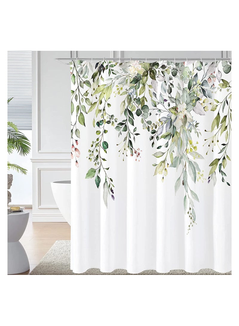 KASTWAVE Shower Curtain Green Eucalyptus Watercolor Plant Leaves with Floral Bathroom Decor Waterproof Fabric Shower Curtain with 12 Hooks 72x72 Inch Bath Accessories Art Home Decor Fabric (Green Eucalyptus)  - Image 1