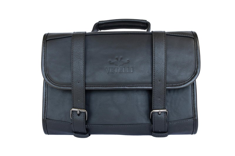 Vetelli Leather Toiletry Bag for Men - Water Resistant, 2 Zippered Internal Pockets, 2 Snap-Fastened Internal Pockets, and Hanging Hook. (Black) - Image 1