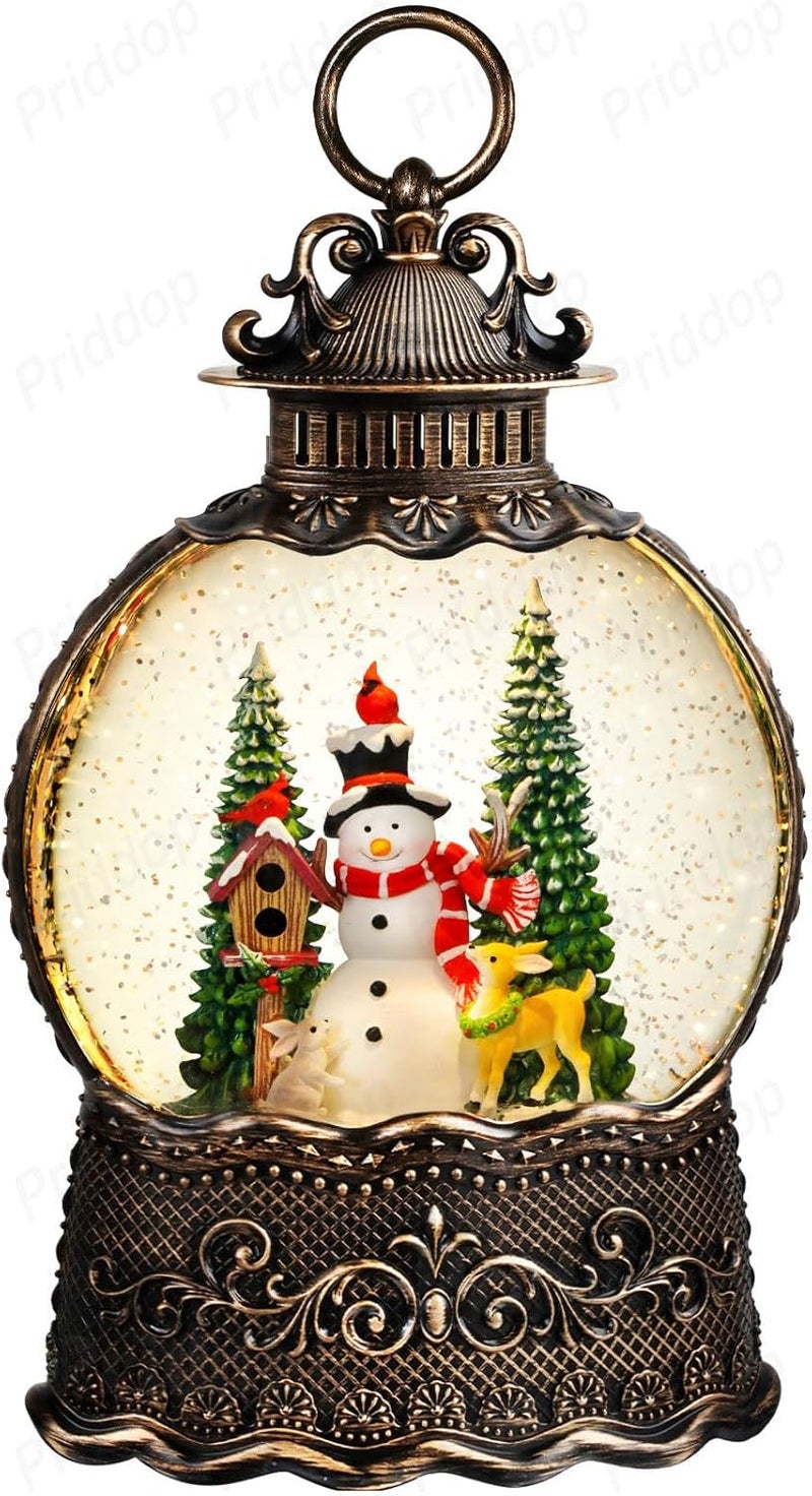 Priddop Snowman Snow Globe Christmas Decorations Indoor Deer Cardinal Snowman Gifts Classic Relief Texture Musical Glitter Snowfall USB/Battery Timer Lantern 10.6 inch - Image 1