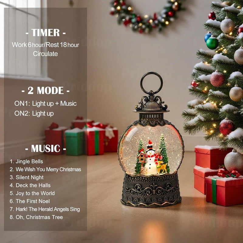 Priddop Snowman Snow Globe Christmas Decorations Indoor Deer Cardinal Snowman Gifts Classic Relief Texture Musical Glitter Snowfall USB/Battery Timer Lantern 10.6 inch - Image 3