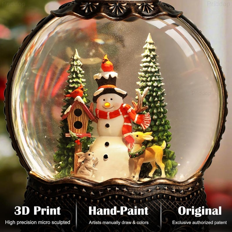 Priddop Snowman Snow Globe Christmas Decorations Indoor Deer Cardinal Snowman Gifts Classic Relief Texture Musical Glitter Snowfall USB/Battery Timer Lantern 10.6 inch - Image 2
