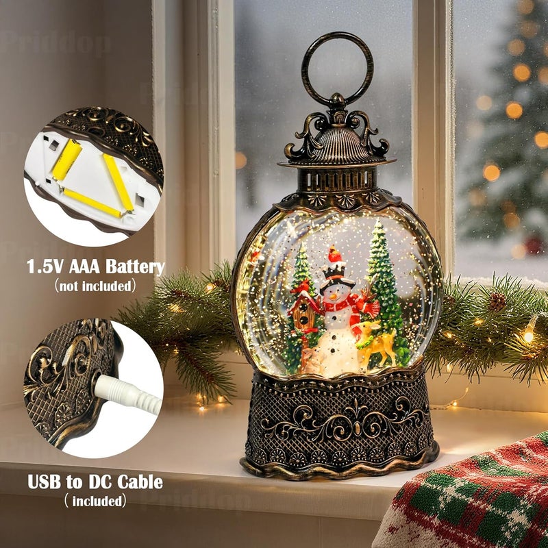 Priddop Snowman Snow Globe Christmas Decorations Indoor Deer Cardinal Snowman Gifts Classic Relief Texture Musical Glitter Snowfall USB/Battery Timer Lantern 10.6 inch - Image 4