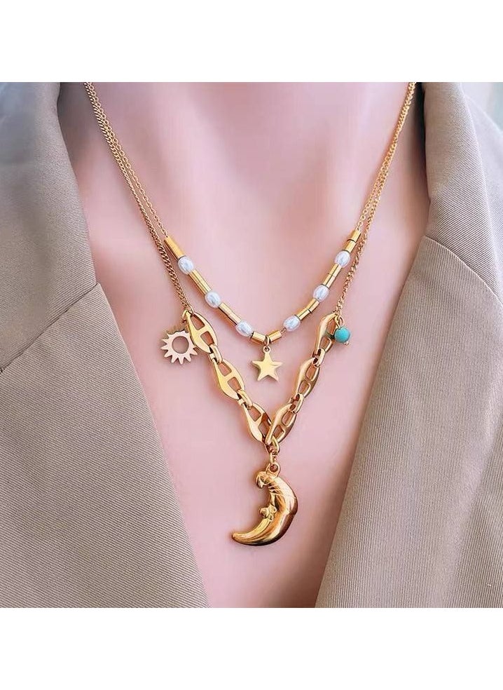 The Black Pearl Accessories - Stainless Steel Gold Necklace with Moon and Stars Pendant - Image 1