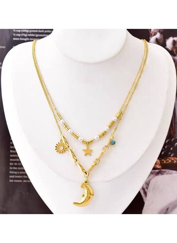 The Black Pearl Accessories - Stainless Steel Gold Necklace with Moon and Stars Pendant - Image 1