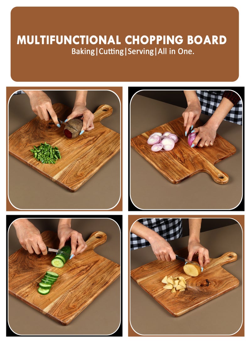 AURIO Premium Acacia Wood Chopping Board – 32x42x3 cm – Rectangular Cutting Board with 4" Handle – Large Wooden Charcuterie Board, Cheese Board, Butcher Block for Kitchen & Serving - Image 2
